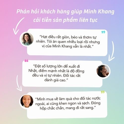 Phản hồi khách hàng giúp Minh Khang cải tiến sản phẩm liên tục, tạo ra hạt điều chất lượng và phù hợp nhu cầu thị trường